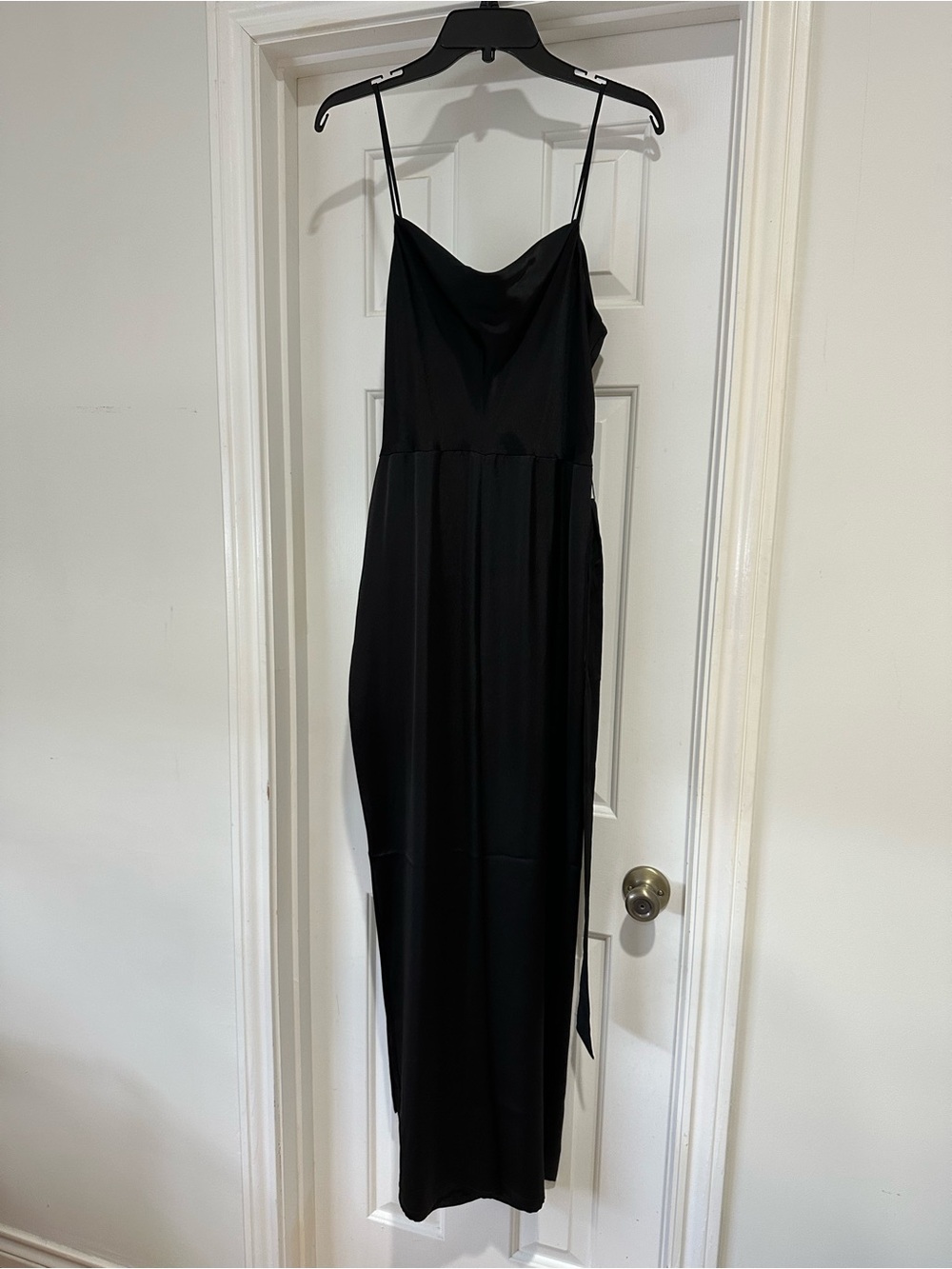 Elegant Black satin wide leg jumpsuit with Cowl Neck and waist tie